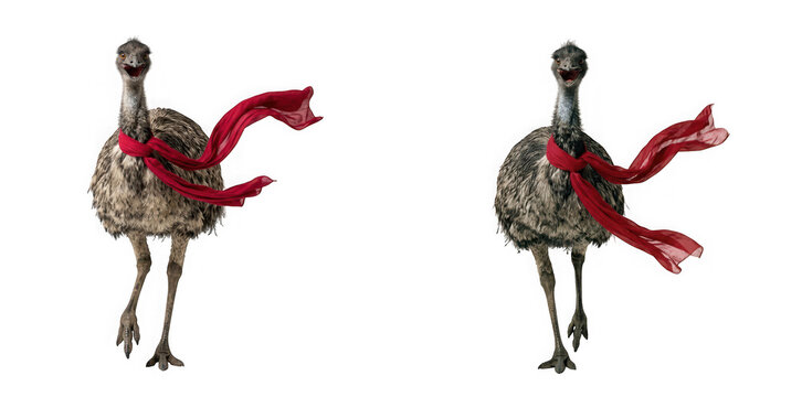 Two emus wearing red scarves walking towards the camera isolated on transparent background