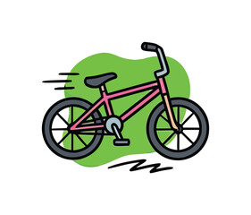 Fototapeta premium Pink bicycle moving fast with motion lines and green blob background