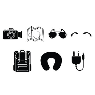 Travel accessories icons silhouette camera map sunglasses headphones backpack neck pillow charger electronics tourism adventure journey vacation holiday trip icon