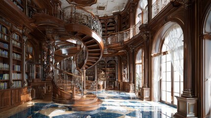 Fototapeta premium classical two level wooden library interior, grand spiral staircase carved wood railing, floor to ceiling bookshelves filled with books, arched