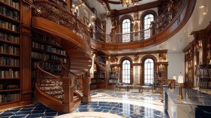 Obraz premium classical two level wooden library interior, grand spiral staircase carved wood railing, floor to ceiling bookshelves filled with books, arched