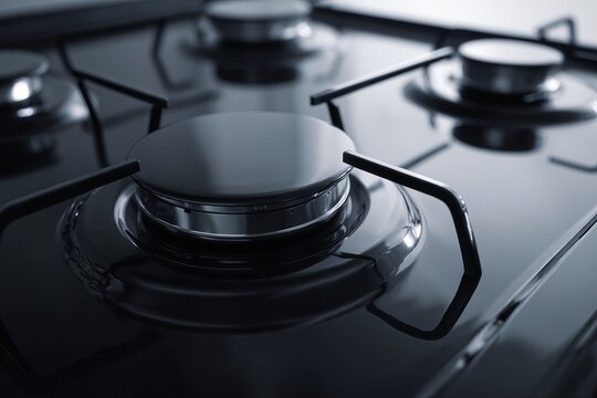 kitchen cleaning. Close-up view of a modern gas stove burner with a sleek black surface and shiny metallic knobs in a contemporary kitchen setting