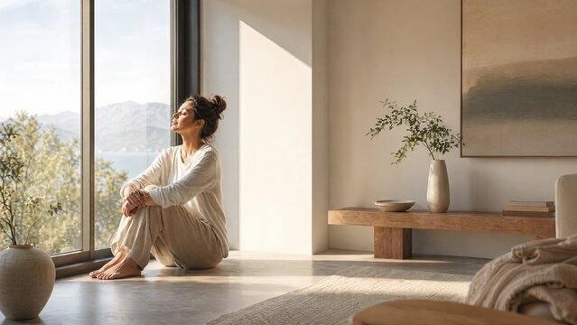 Woman relaxing by window in modern living room enjoying natural light and peaceful atmosphere