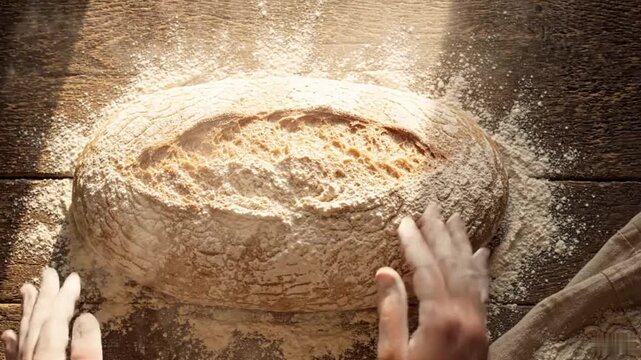 Close up of a baker hands dusting white flour over a freshly baked sourdough bread loaf on a rustic wooden table at sunset