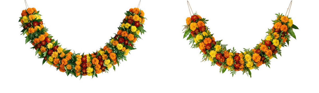 Traditional indian marigold flower garlands for festive decoration isolated on transparent background