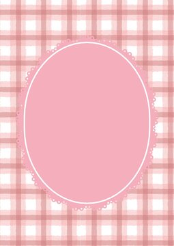 Cute pink gingham check background with oval lace frame template