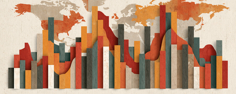 A bar graph showing fluctuating currency values with a world map background, symbolizing the impact of currency changes on international investments, with space for copy or design elements.