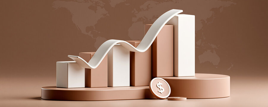 A bar graph showing fluctuating currency values with a world map background, symbolizing the impact of currency changes on international investments, with space for copy or design elements.