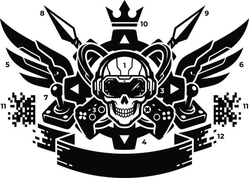 Gaming esports mascot emblem with cyber skull wearing VR headset featuring game controllers joysticks wings kunai daggers crown and blank banner vector illustration