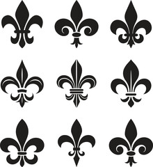 Symbolic Image Fleur De Lis Icon Vector Set Collection Group for Heraldry Royal Emblem Floral Ornament Decorative Badge Vintage French Monarchy Crest Luxury Medieval Classic Elegant Design. © JK Vectors