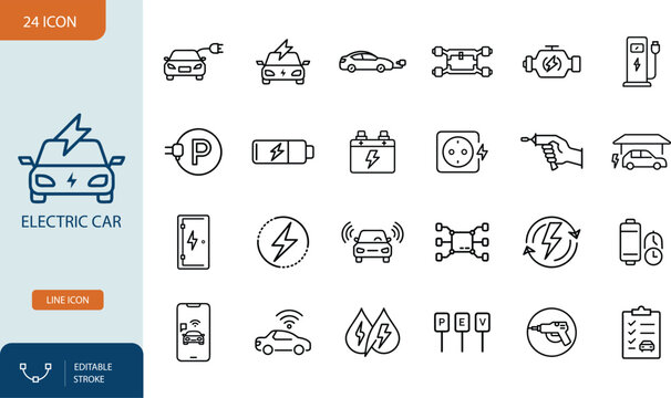 Electric Car Line Icons Set, EV Charging Station and Eco Transportation Outline Symbols. Editable stroke. Vector illustration