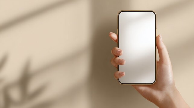 future UX. FOMO. Hand holding smartphone mock up with blank screen against a soft beige background featuring subtle shadows and light patterns
