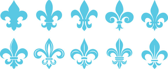 Symbolic Image Fleur De Lis Icon Vector Set Collection Group for Heraldry Royal Emblem Floral Ornament Decorative Badge Vintage French Monarchy Crest Luxury Medieval Classic Elegant Design. © JK Vectors
