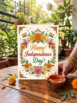 Aug 15 independence day india floral calligraphy greeting card