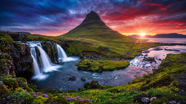 A scenic landscape featuring a conical mountain, cascading waterfall, and colorful sunset sky over a river and coastal area.