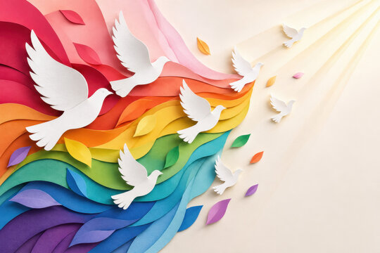 White paper doves soaring above layered rainbow paper waves with colorful leaves, radial craft composition, soft sunbeams, textured handmade look, peaceful uplifting abstract backdrop