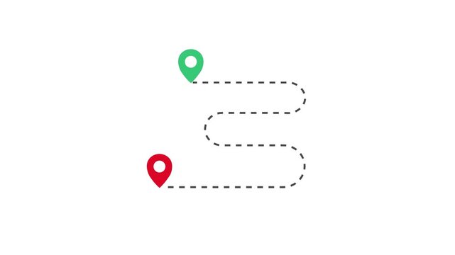 4K animated travel path line connecting two locations, featuring a dashed line design and a transparent background; 4K video.