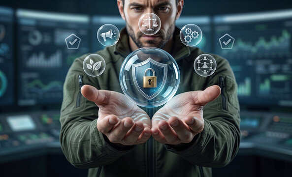 A professional man presents a holographic security shield surrounded by business and technology icons in a control room with data monitors.