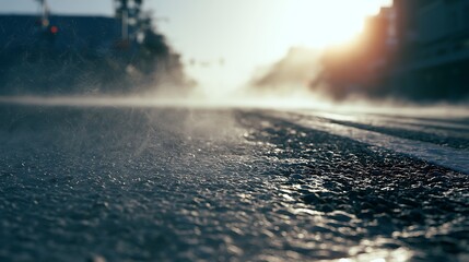 Naklejka premium Heavy mist rising from a cold road at sunrise