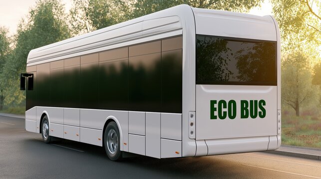 Modern Eco Bus Rear View on Tree Lined Road Sustainable Public Transportation Concept