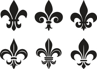Symbolic Image Fleur De Lis Icon Vector Set Collection Group for Heraldry Royal Emblem Floral Ornament Decorative Badge Vintage French Monarchy Crest Luxury Medieval Classic Elegant Design. © JK Vectors