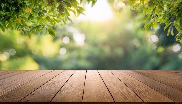 Empty Wood Table Top And Blurred View From Green Tree Garden Bokeh Background Can Used For Display Or Montage Your Products