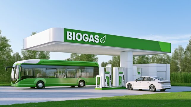 Modern Biogas Fuel Station with Green Bus and Electric Car Sustainable Transportation Infrastructure