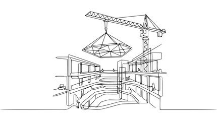 Fototapeta premium Construction crane lifting architectural element, modern building blueprint sketch