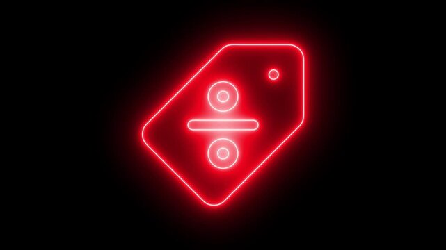 Glowing red neon division symbol tag animation for mathematics and e-commerce concepts