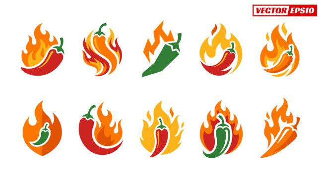 Set of fiery chili pepper logos and icons representing spice and heat.