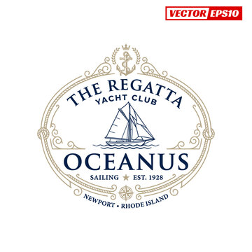 Vintage Yacht Club Regatta Oceanus Sailing Logo with Anchor and Ornate Frame.