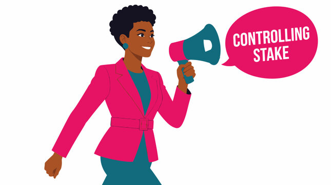 Woman holding megaphone with controlling stake text.