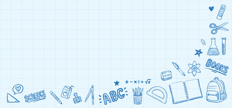Blue hand drawn school doodles corner border frame on blue grid background with copy space for text featuring educational supplies and stationery.