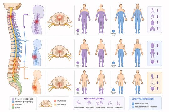 Spinal cord injury levels tetraplegia paraplegia illustration