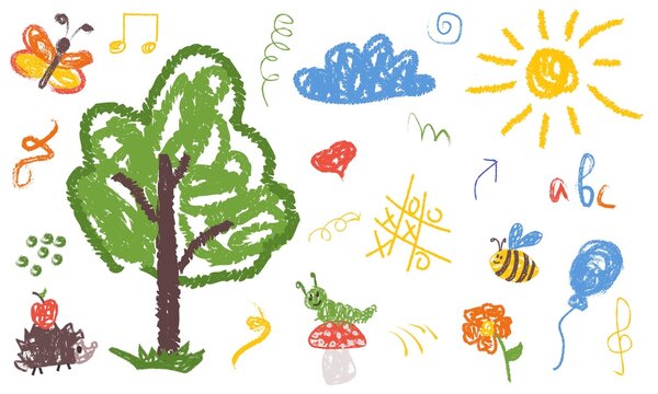 Playful childlike crayon drawing of a tree with animals, insects, sun, cloud, balloon, heart, tic tac toe, and musical notes, whimsical colorful artwork on white background
