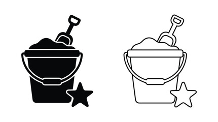 Sand bucket with shovel and starfish black and white silhouette © Rajia