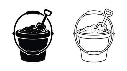 Sand bucket with shovel and sand black and white silhouette © Rajia