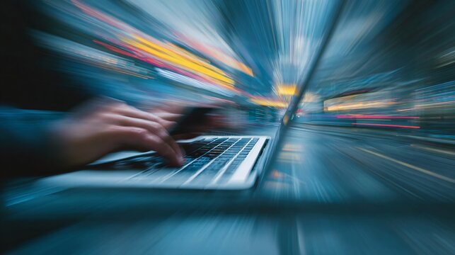 A person's hands typing on a laptop, with a dynamic blurred background conveying a sense of fast-paced technology.
