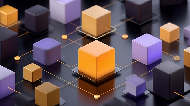 Dark technology background with glowing connected cubes, abstract 3D visualization of blockchain and network data