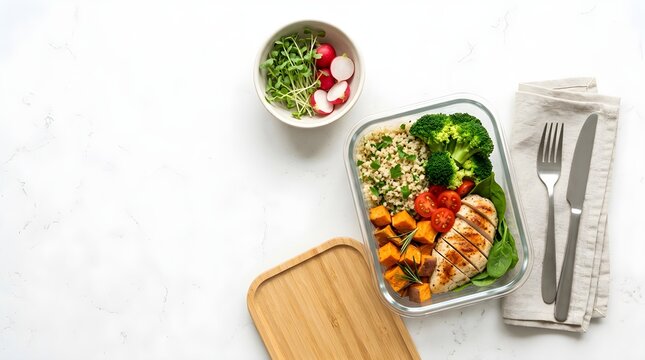 Healthy and convenient meal prep featuring grilled chicken, fresh broccoli, sweet potatoes, and wholesome grains, perfect for a balanced and nutritious diet