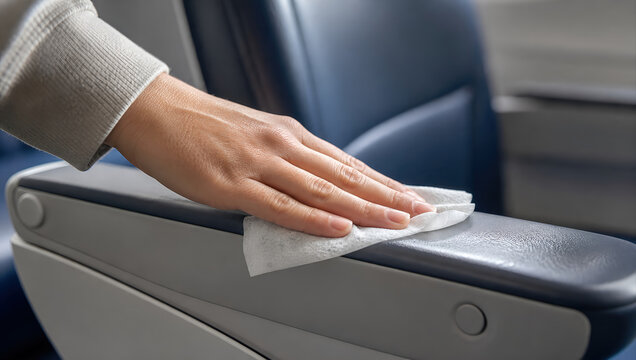 Hand actively wiping down shared armrest of seat with cleaning wipe, showing care and hygiene in public space