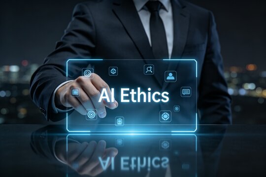 Businessman interacting with AI Ethics hologram