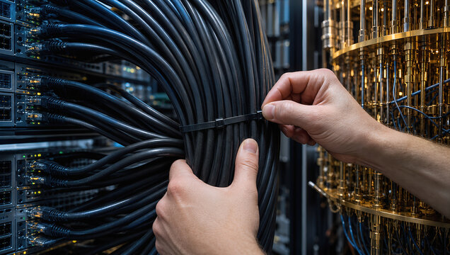 Close up of massive bundle of black ethernet cable being organized by hands in server room with glowing lights and complex hardware