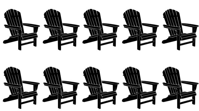 Wooden adirondack chair black silhouette set from side angle view for beach resort and patio furniture