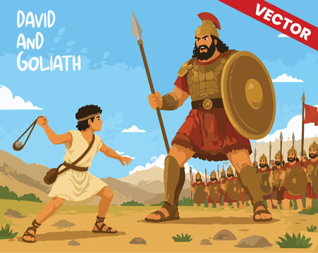 Epic biblical vector illustration of young David facing giant Goliath in battle with army background religious story concept graphic art design landscape scene for Sunday school and christian educatio
