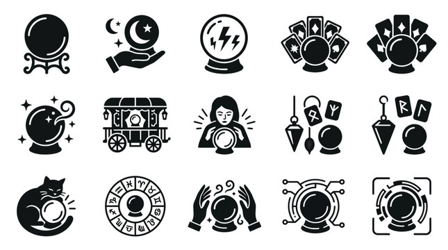 Fortune Telling Icons Set: Crystal Ball, Tarot Cards, Runes, Gypsy Wagon