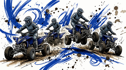 Four ATV Riders in Dynamic Action, Blue Paint Splatters and Dirt Trails Accentuating Speed and Extreme Sports, Graphic Vector Illustration © Siska