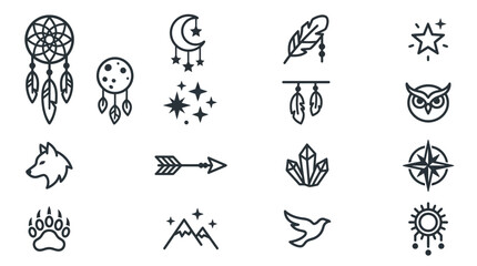Fototapeta premium Boho Icon Set: Dreamcatcher, Wolf, Owl, Moon, Stars, Feather, Arrow, Crystals