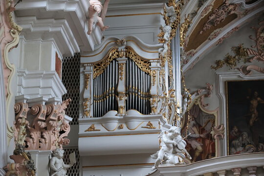 Small organ in the Neustift Monastery in Vahrn near Brixen in South Tyrol, Italy