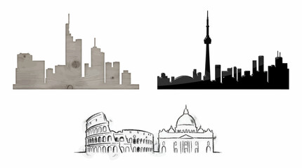 Obraz premium Vector Cityscapes: Wooden Skyline Silhouette, Black Tower Skyline, and Sketchy Rome Landmarks, Flat Illustration Style
